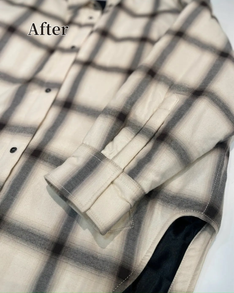 Before/After写真：ストーブで焦げてしまったAcne Studiosのシャツの袖が、内側タグ裏からの生地移植によって綺麗に修復されている比較写真