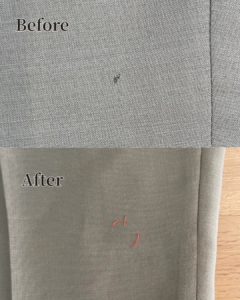 Before/After写真：生地の穴が「かけはぎ」によってどこにあったか分からないほど綺麗に塞がっている写真