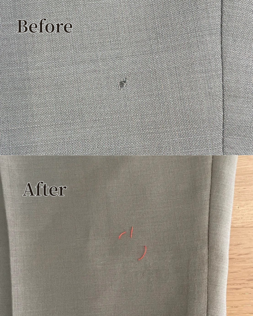 Before/After写真：生地の穴が「かけはぎ」によってどこにあったか分からないほど綺麗に塞がっている写真