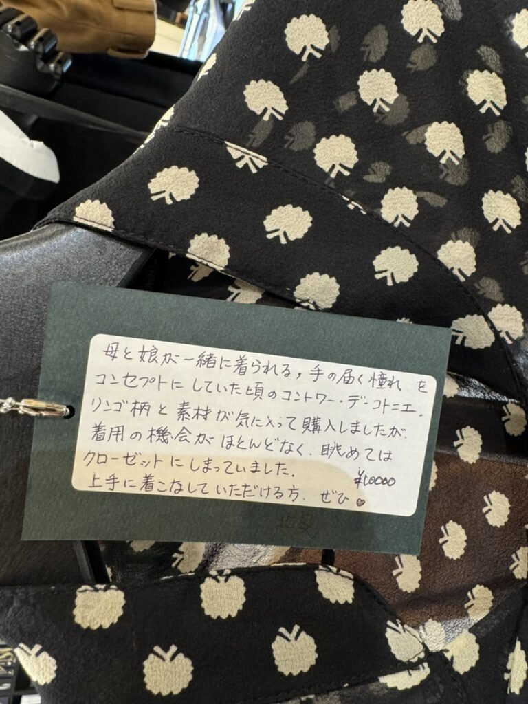 商品写真＆手書きタグ写真：透け感のある黒地に白のリンゴ柄が映えるシアーブラウス
