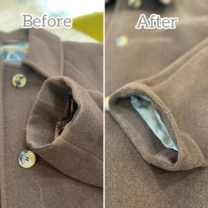 Before/After写真：裏地の脇や袖の擦り切れが「毛抜き合わせ」によって綺麗に消えている比較写真