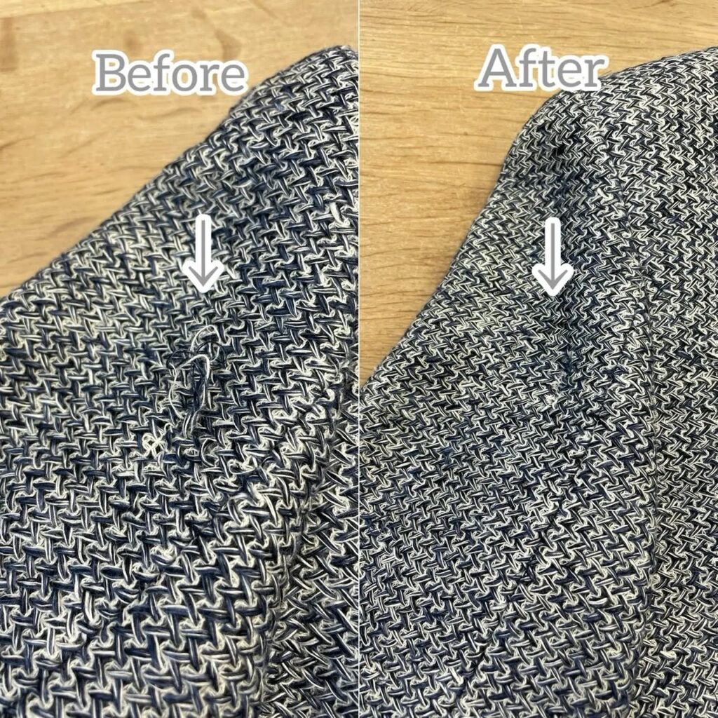 Before/After写真：裏地の脇や袖の擦り切れが「毛抜き合わせ」によって綺麗に消えている比較写真